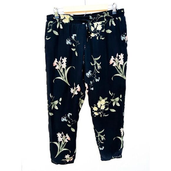 Joie Black Botanical Floral Black 100% Silk Pants - Picture 2 of 8